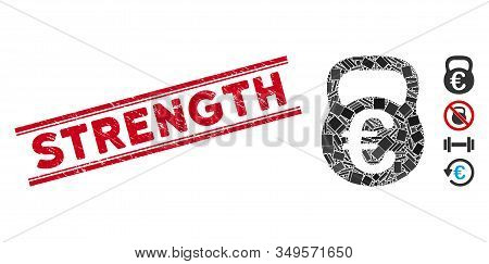 Mosaic Euro Weight Pictogram And Red Strength Seal Stamp Between Double Parallel Lines. Flat Vector 