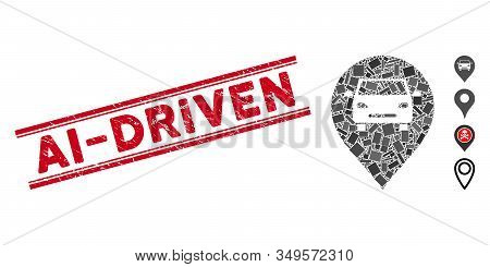 Mosaic Car Map Marker Icon And Red Ai-driven Seal Stamp Between Double Parallel Lines. Flat Vector C