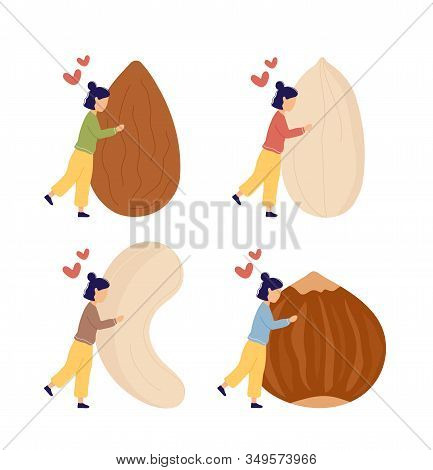 Set Of Illustrations With Girl Hugging Huge Nuts. Flat Modern Trendy Style.vector Illustration Chara