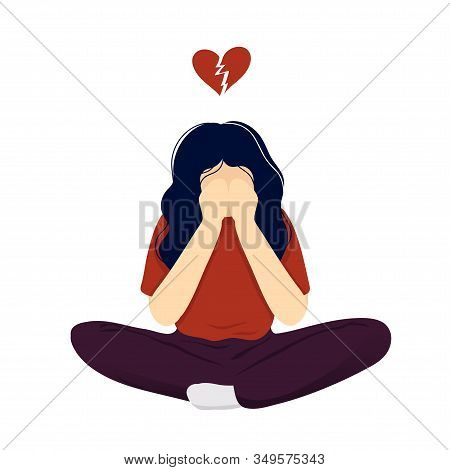 Young Woman In Depression After Breakup Sitting Crosslegged With Cracked Heart Over Her Head And Cov