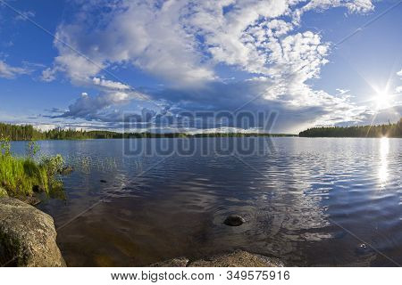Beautiful Clouds Over The Reach On The River Keret. Karelia, Russia, End Of June.
