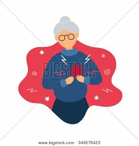 Old Woman With Heart Pain. Flat Modern Trendy Style.vector Illustration Character Icon. Isolated Of 