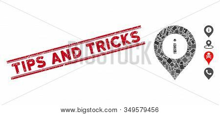 Mosaic Info Center Marker Icon And Red Tips And Tricks Seal Stamp Between Double Parallel Lines. Fla