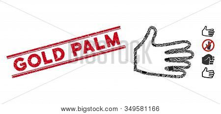 Mosaic Pan Fingers Icon And Red Gold Palm Seal Stamp Between Double Parallel Lines. Flat Vector Pan 