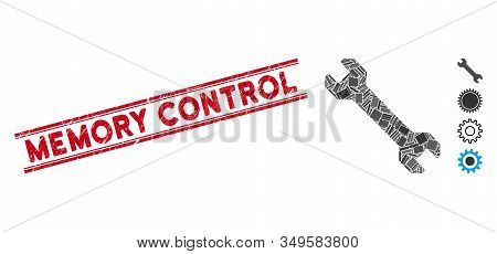 Mosaic Wrench Pictogram And Red Memory Control Seal Stamp Between Double Parallel Lines. Flat Vector