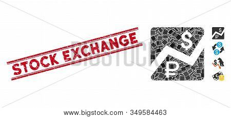 Mosaic Rouble And Dollar Finances Icon And Red Stock Exchange Stamp Between Double Parallel Lines. F