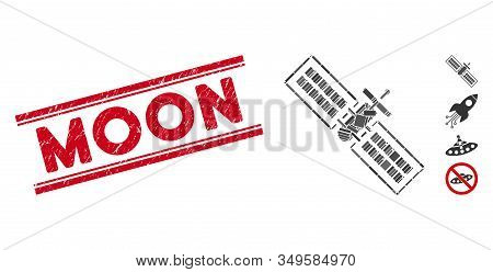 Mosaic Satellite Pictogram And Red Moon Seal Stamp Between Double Parallel Lines. Flat Vector Satell