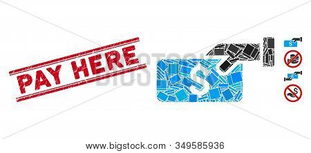 Mosaic Pay Pictogram And Red Pay Here Rubber Print Between Double Parallel Lines. Flat Vector Pay Mo