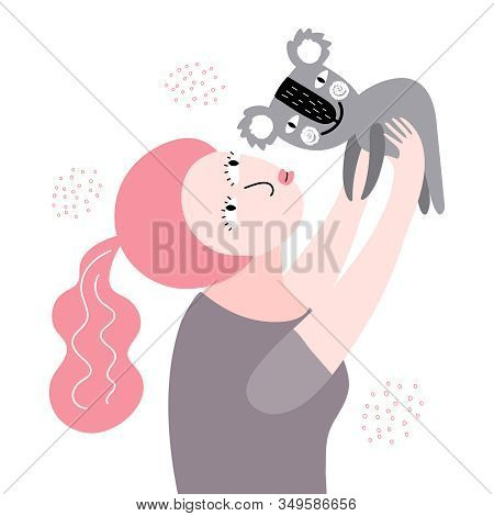 Girl With Mimi Koala Flat Hand Drawn Color Vector Illustration