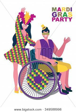 A Masked Girl And A Guy In A Wheelchair At A Carnival. Flat Vector Illustration