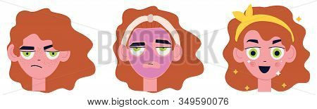 A Set Of Images About Skin With Freckles, Application Of A Mask Against Pigmentation And Clean Skin.