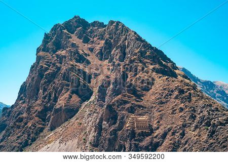 Pinkuylluna Mountain Landscape And Inca Storehouse Ruins In The Sacred Valley Near Ollantaytambo, Pe