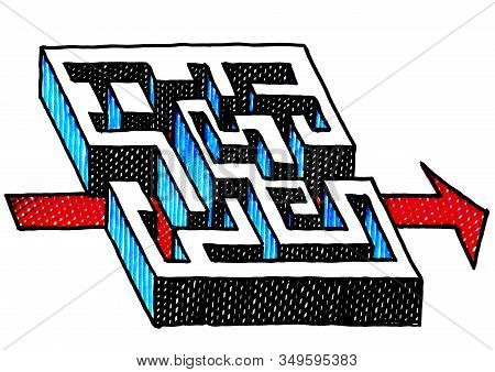 Freehand Ink Drawing Of Red Arrow Finding Its Way Through A 3d Labyrinth. Business Metaphor For Way 
