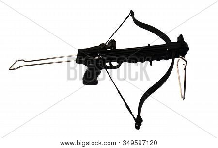 Sports Crossbow On A White Background. Shot From A Crossbow. Isolated Black Little Crossbow. View Fr