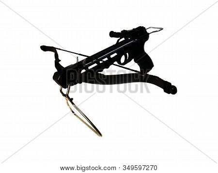 Sports Crossbow On A White Background. Shot From A Crossbow. Isolated Black Little Crossbow. View Fr