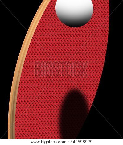 A Ping Pong Ball Is Seen In Harsh Light With The Rubber Textured Paddle In The Background. The Table