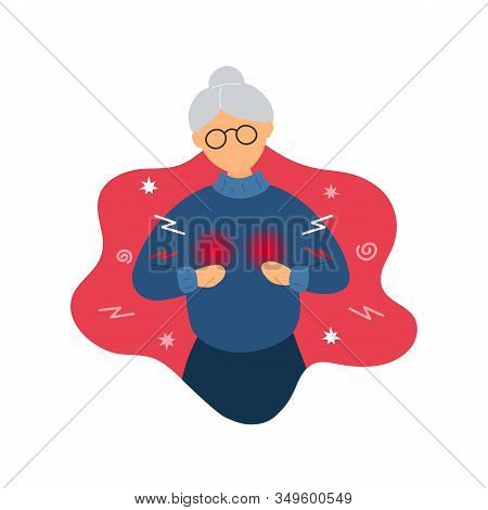 Old Woman With Breast Pain. Flat Modern Trendy Style.vector Illustration Character Icon. Isolated On