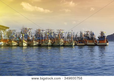 Fishing Boats Docked On The Sunset At Thap Lamu Pier Thailand 16.12.2019