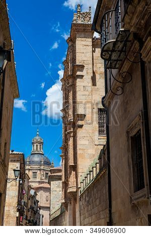Beautiful Architecture Of The Buildings In The Old City Of Salamanca Including The Dome Of La Cleren