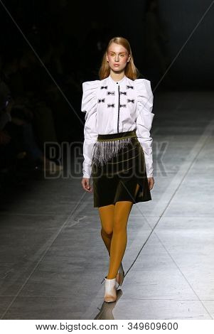 Kyiv, Ukraine - February 2, 2020: Model Presents A Collection Of Authentic Ukrainian Clothes By Desi