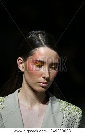 Kyiv, Ukraine - February 2, 2020: Profile Portrait Of Model Seen During The Fashion Presentation By 