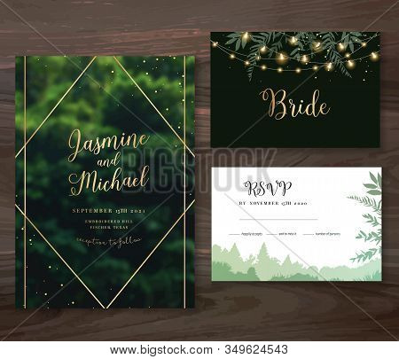 Emerald Greenery Forest Foliage Vector Backgrounds. Green Trees Wedding Invitations. Summer Leaves C