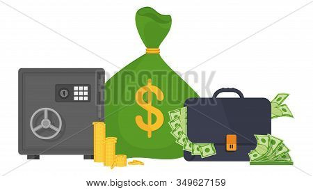 Safe, Suitcase And Bag For Money. Metaphor Of Success And Wealth, Greed And Stinginess. Collector An