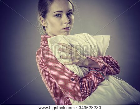 Mental Health Depression Insomia Concept. Sad Depressive Young Woman Teen Blonde Girl Wearing Red Pa
