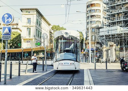 Marseille, France, 10/07/2019: Tram On A City Street. Front View.