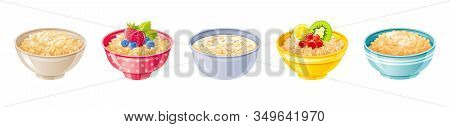 Oat Bowl. Oatmeal Breakfast Cup, Oat Grain Porridge With Fruit, Berry, Milk. 3d Realistic Icon. Cart