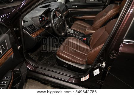 Novosibirsk, Russia - December 21, 2019:  Subaru Outback, Close-up Of The Dashboard, Player, Steerin