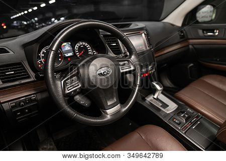 Novosibirsk, Russia - December 21, 2019:  Subaru Outback, Black Luxury Car Interior - Dashboard, Pla