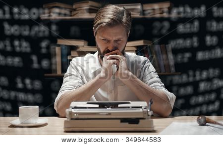 Bewildered Wordsmith Holding Screwed Paper And Resting His Chin On Hands Over Bookcase On Background
