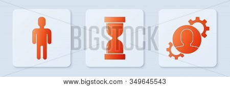 Set Old Hourglass With Flowing Sand, User Of Man In Business Suit And Human With Gear Inside. White 