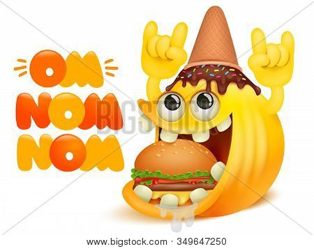 Om Nom Nom Comic Cartoon Card. Yellow Smile Emoji Character With Icecream Cone On Head Eating Burger