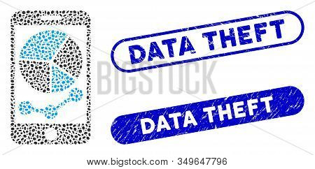 Mosaic Mobile Graphs And Grunge Stamp Seals With Data Theft Phrase. Mosaic Vector Mobile Graphs Is F