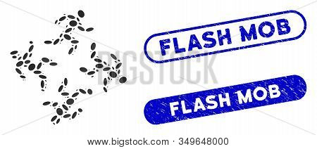 Mosaic Running Men And Corroded Stamp Seals With Flash Mob Caption. Mosaic Vector Running Men Is Com
