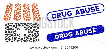 Mosaic Drugstore And Distressed Stamp Seals With Drug Abuse Caption. Mosaic Vector Drugstore Is Desi
