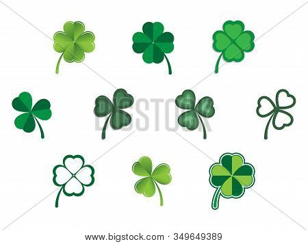Vector Set Of Green Shamrock Symbols. Stock Illustration. Design Template. Clover Clipart