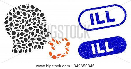 Mosaic Sneezing And Grunge Stamp Seals With Ill Text. Mosaic Vector Sneezing Is Created With Randomi