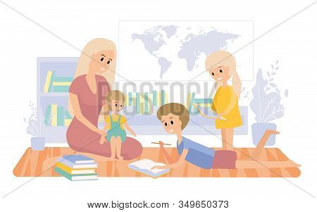 Education Apps. Home Schooling. Classes With Children Of Different Ages. Mom Does Homework With Her 