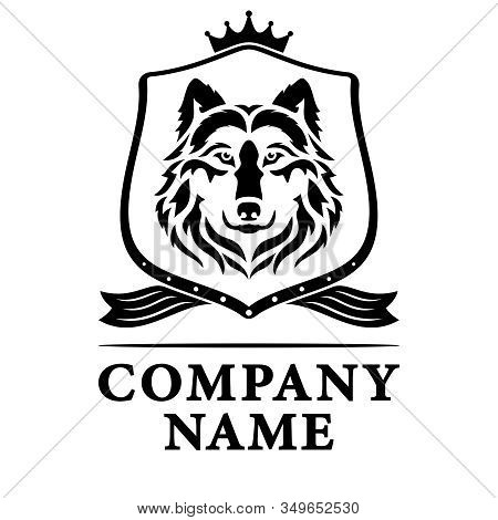 Logo Wolf On The Shield. Black And White. Vector Illustration.