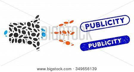Mosaic Sound Speaker And Corroded Stamp Seals With Publicity Caption. Mosaic Vector Sound Speaker Is