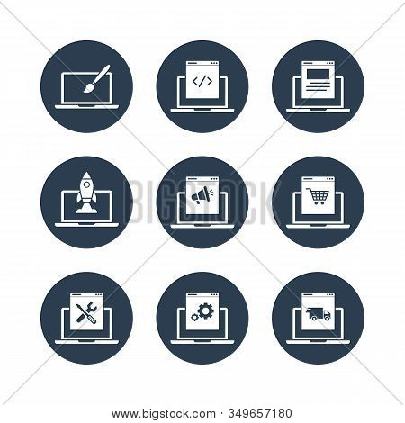 Laptop Programming Icons Set Programmer Developer Stock Circle Filled Icon Set Vector