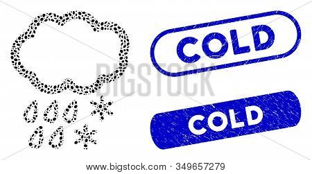 Mosaic Sleet Cloud And Grunge Stamp Seals With Cold Text. Mosaic Vector Sleet Cloud Is Created With 