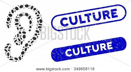 Mosaic Ear And Distressed Stamp Seals With Culture Phrase. Mosaic Vector Ear Is Composed With Scatte