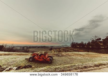 Cold Misty Morning In The Vineyards Of Italy