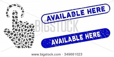 Mosaic Tap Gesture And Rubber Stamp Watermarks With Available Here Phrase. Mosaic Vector Tap Gesture
