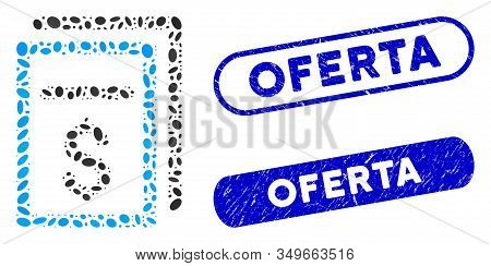 Mosaic Invoices And Corroded Stamp Seals With Oferta Caption. Mosaic Vector Invoices Is Composed Wit