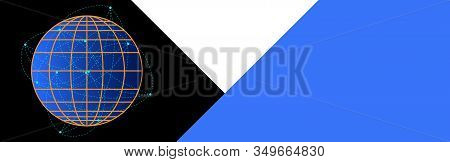 Vector Horizontal Banner. Black White Blue Colors. Globe Flat Icon. Global Network With Global Commu
